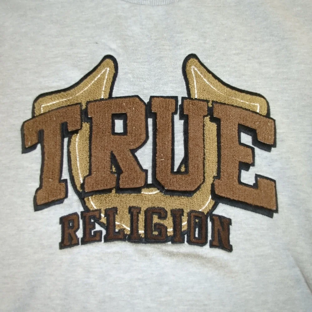 True Religion Mens Gray Chenille‎ Logo Horseshoe Crewneck Sweatshirt Large #2667
